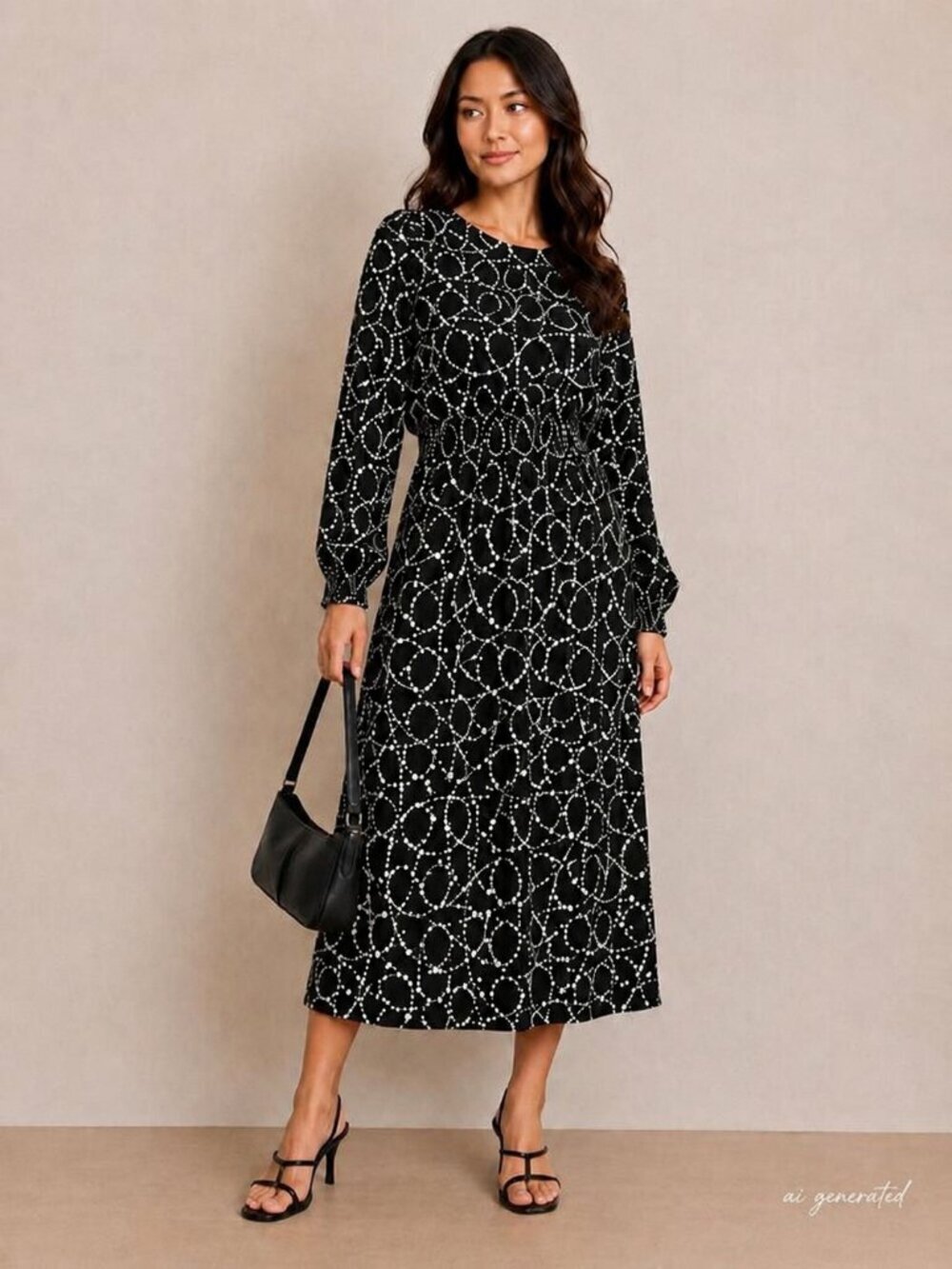 H&M Black White Geometric Print Long Sleeve Midi Maxi Dress Women's Large L